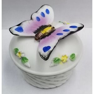 Vintage Lefton China Butterfly Floral Basket Weave Tricket Box